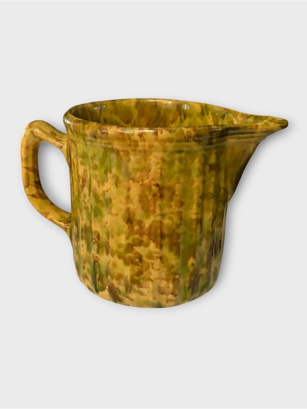 Spongeware Antique Handcrafted Yellow-Green Brown Ceramic Pitcher 5 1/2”